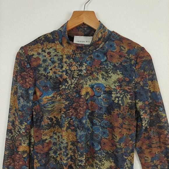 Jason Wu Women's Long Sleeve Knit Mesh Floral Printed Top Mock Neck Size Small - Picture 5 of 12